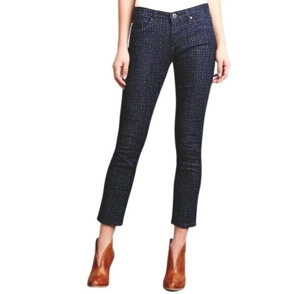 AG Adriano Goldschmied Size 28 Navy Polka Dot Stevie Ankle Slim Straight Jeans - Picture 1 of 7